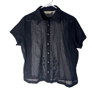 Sheer Eddie Bauer Black 100% Cotton Short Sleeve Blouse